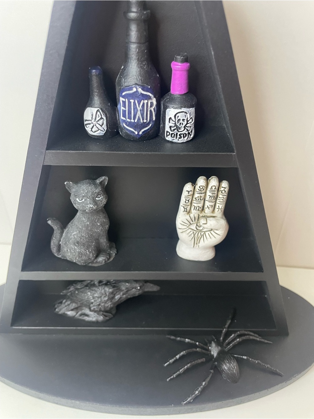 Halloween Black Pyramid Display Shelf/Witch hat with Palmistry Hand, Elixirs